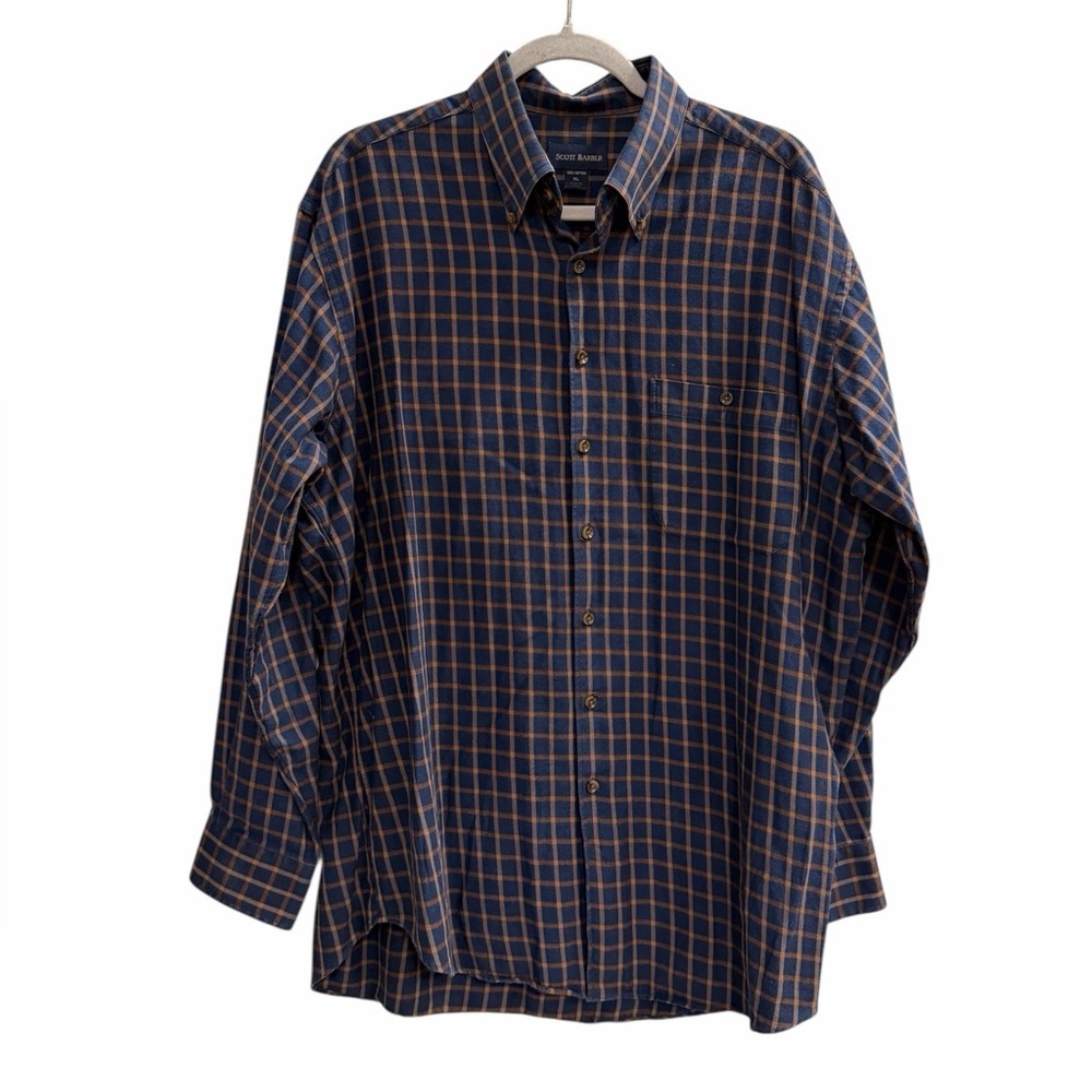 SCOTT BARBER Navy and Oranbe Plaid Casual Shirt Size XL